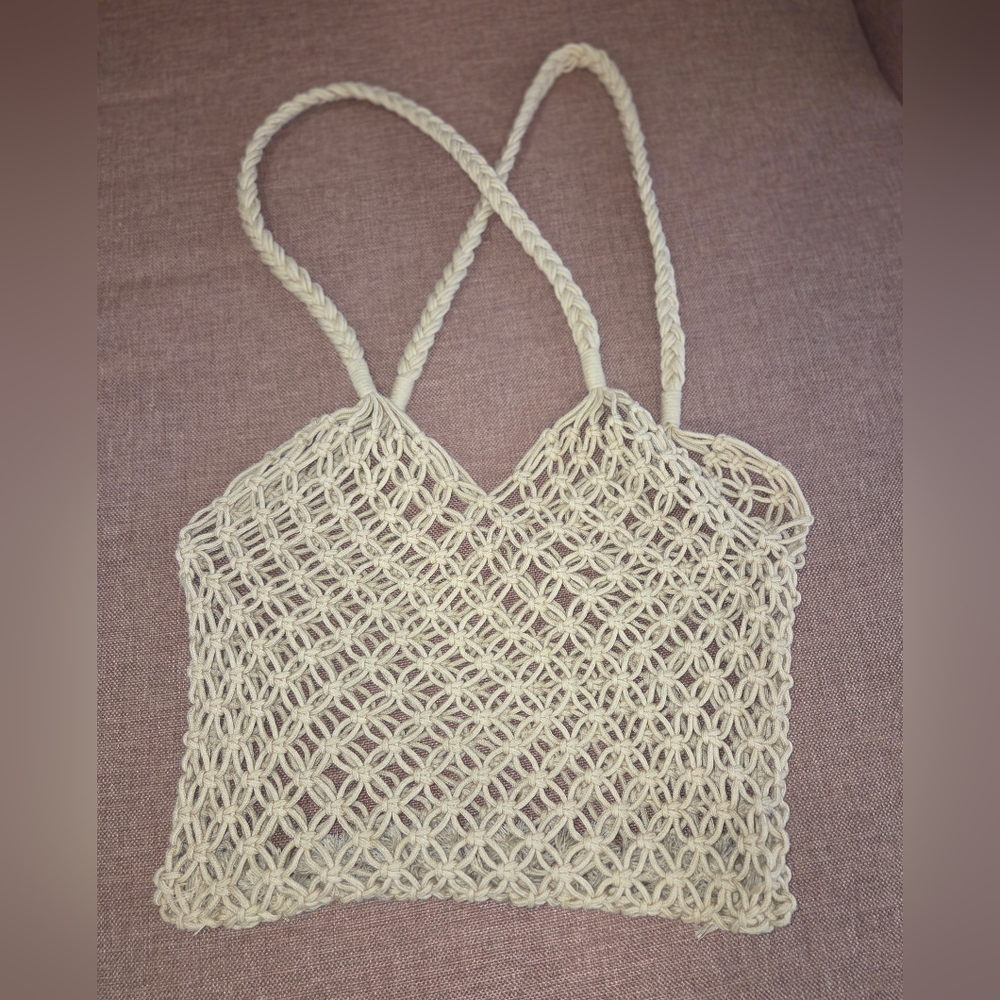Macrame Fish Net Braided Beach pool Tote Market Grocery Bag Cream Tan Biege